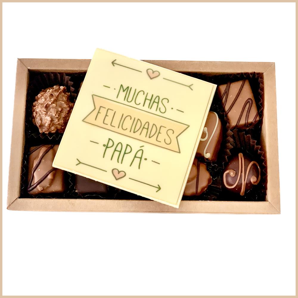 CAJA 12 BOMBONES CON PLACA DE CHOCOLATE MUCHAS FELICIDADES PAPA 