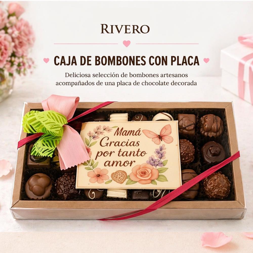 Caja con 24 Bombones artesanos y chocolatina con mensaje para mamá